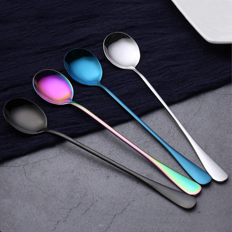 

Colorful Rainbow Black Blue Ice Stirring Coffee Spoon Tea Cafe Scoop Long Handle Spoons Dinnerware Drinking Tool Kitchen
