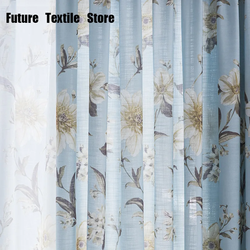 

New Printed Curtain Blue American Pastoral Style Semi-blackout Curtains for Living Room Bedroom Study Room Customization