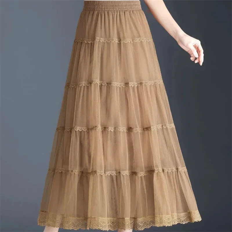 Long Tulle Skirt Women 2023 Spring Summer Elastic High Waist A-Line Mesh Pleated Puffy Skirt Female Elegant Lace Midi Skirt images - 6