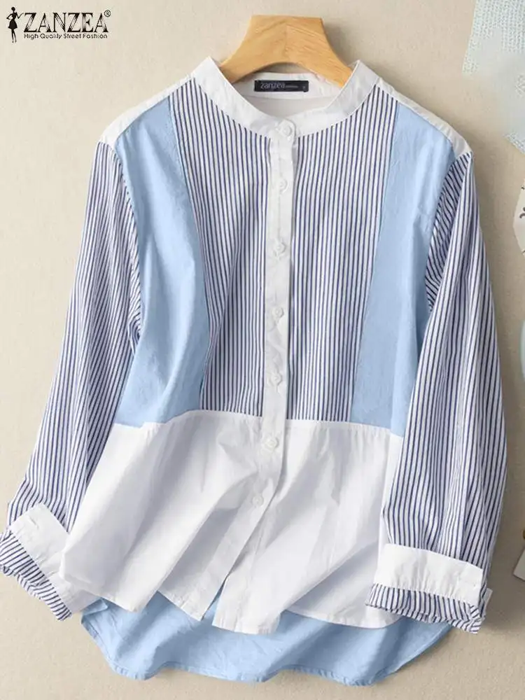 

Женские рубашки ZANZEA весна-осень полосатые Лоскутные Топы с длинным рукавом Уличная мода 2022 Повседневная Свободная стеганая одежда с круглы...