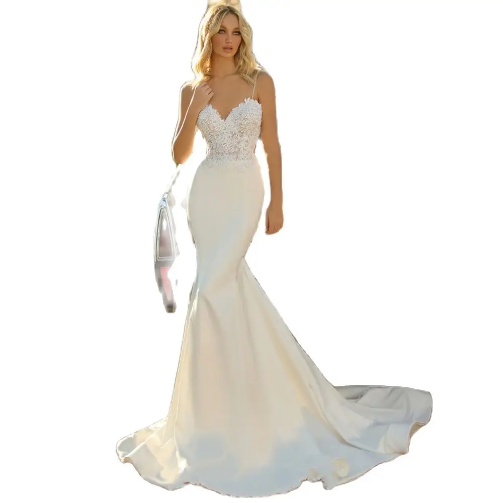 

Miss Veil Sweetheart Wedding Dress Spaghetti Straps Lace Appliques Sexy Bridal Gown Backless Sheath Sweep Train Vestido De Novia