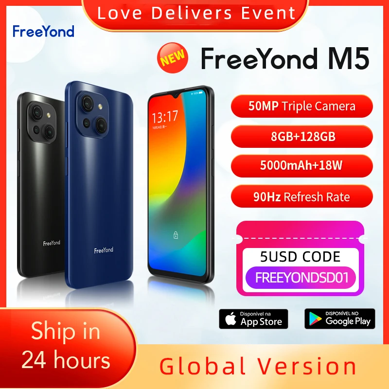 FreeYond M5 8+128 Cellphones 50MP AI Triple Camera 90Hz IPS Screen 18W Fast Charging 5000mAh Android Phone Smartphone - купить по