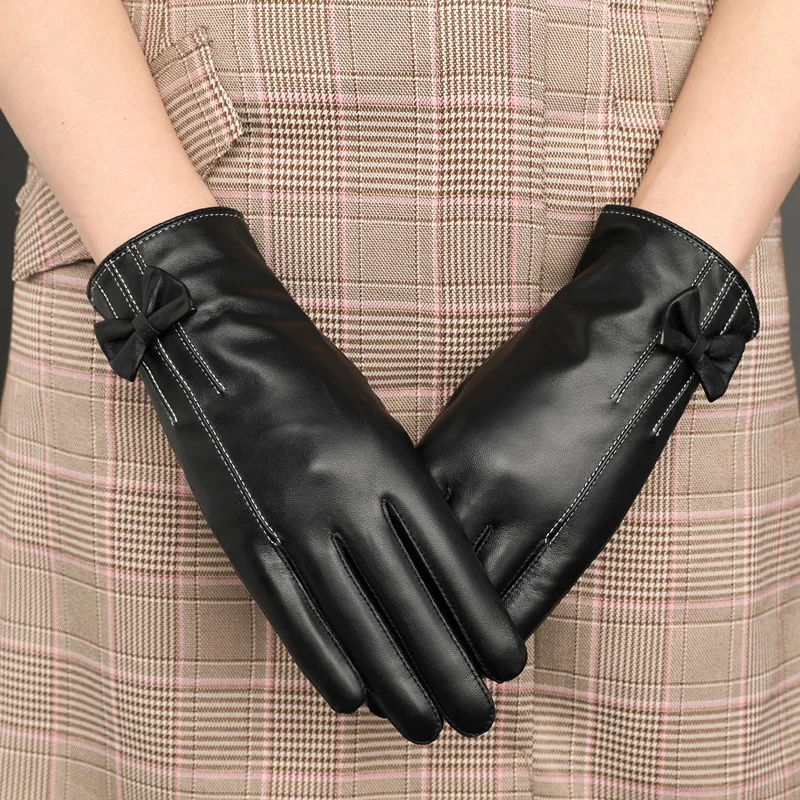 Real Leather Gloves Female Plus Velvet Thicken Keep Warm Autumn Winter Driving Touchscreen Sheepskin Women Gloves YSW0011