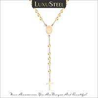 luxusteel beads jesus cross long necklace for women men stainless steel rosary christian catholic religious jewelry52cm65cm7cm