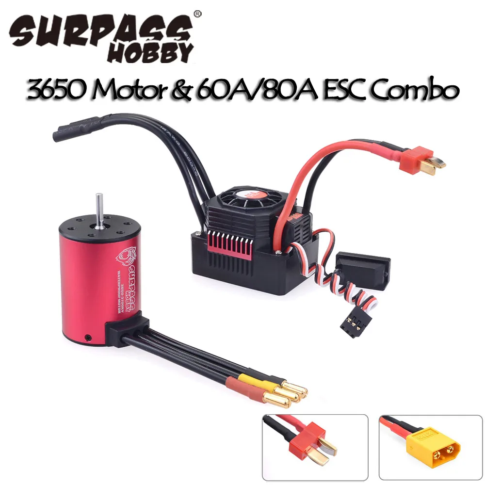 

Surpass Hobby Waterproof 3650 1650KV 2050KV 2300KV 3100KV 3600KV 4500KV Brushless Motor 60A/80A/120A ESC Combo for 1/10 RC Car