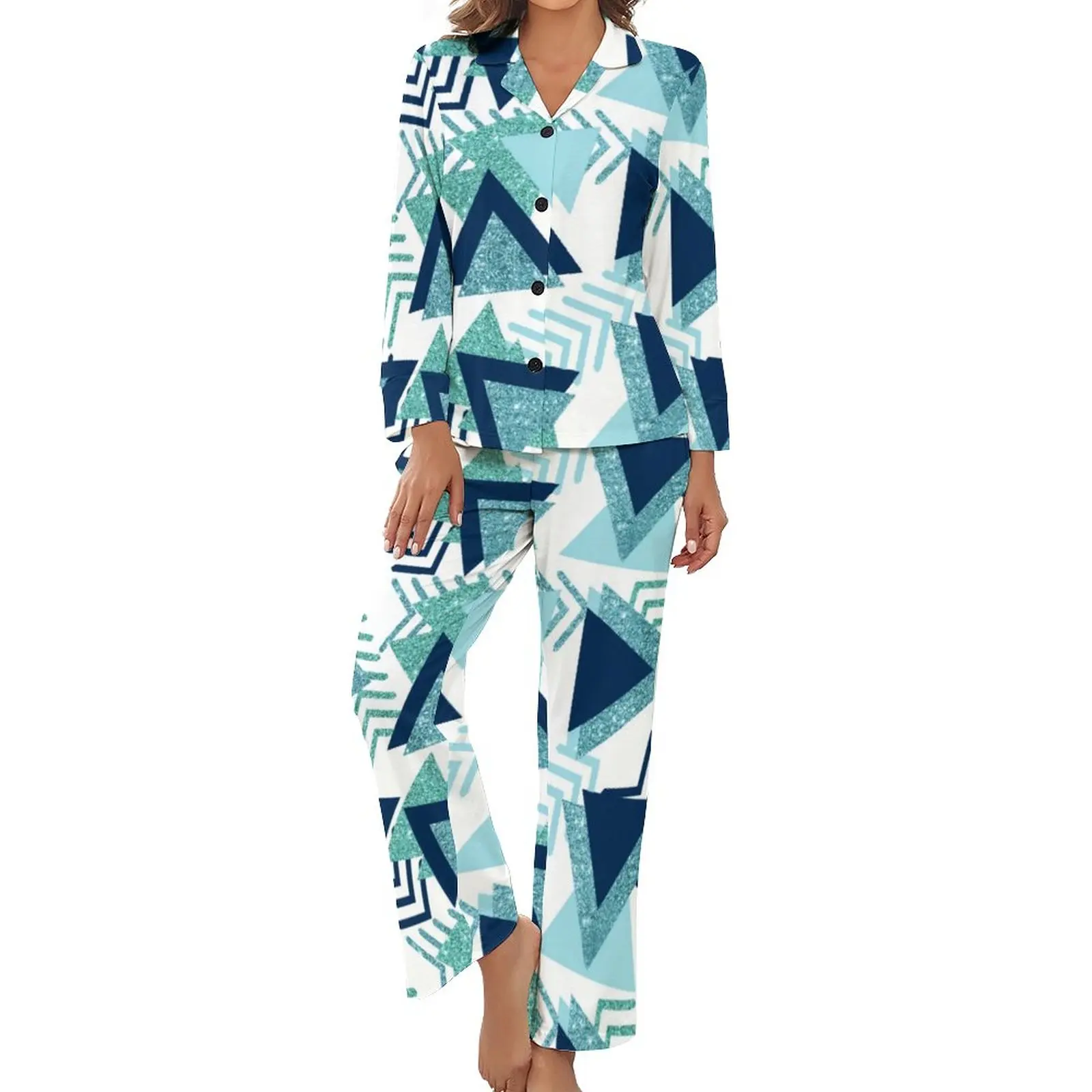 

Mid-Century Print Pajamas Spring 2 Pieces Abstract Turquoise Kawaii Pajama Sets Women Long-Sleeve V Neck Bedroom Print Sleepwear