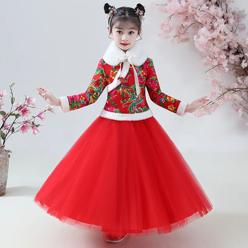 

Платье Hanfu для девочек, детское платье в китайском стиле Тан, антикварное зимнее бархатное Сетчатое платье принцессы для маленькой девочки