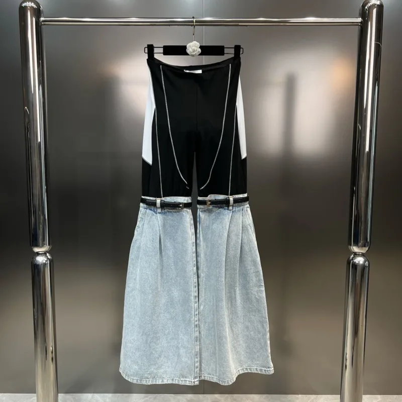 

BORVEMAYS Women Jeans 2023 Autumn New Stretch High Waist Patchwork Belt Contrasting Colors Loose Wide Leg Pants WZ3848