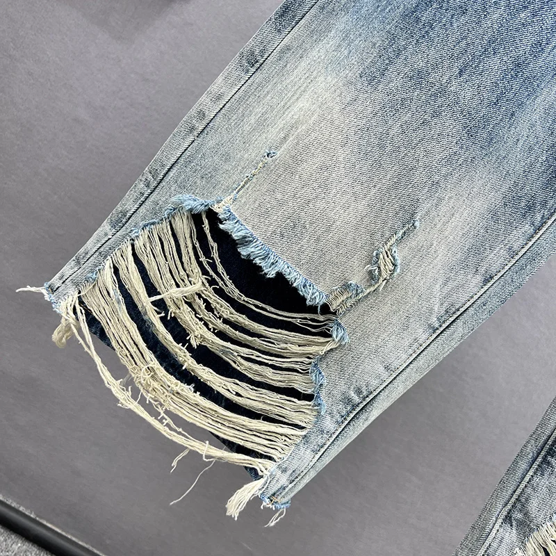 Ripped Wide-Leg Baggy Jeans Women's Trendy 2023 New Spring High Waist Denim Pants Loose and Slimming Diamond Mop Trousers