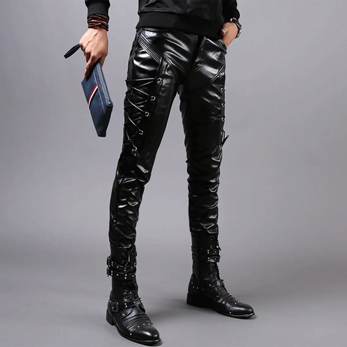 HOUZHOU Goth Motorcycle Leather Pants Faux Leather Gothic Man Skinny Pants Moto Trousers Male Harajuku Streetwear Hip Hop 5XL