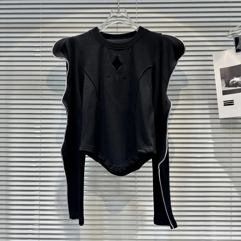 

Женская футболка с длинным рукавом PREPOMP GL909, черная облегающая футболка с длинными волнистыми рукавами и открытыми плечами, осень 2023