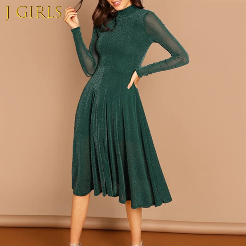 

J GIRLS Women Spring Draped A-Line Dress Glitter Button Fit And Flare Evening Party Dress Vintage Sexy Lady Casual Midi Dress