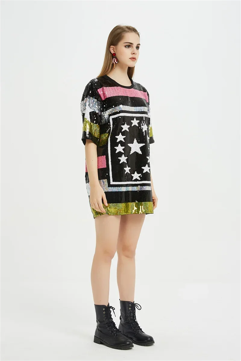 Летняя свободная женская одежда с коротким рукавом и блестками уличная круглым