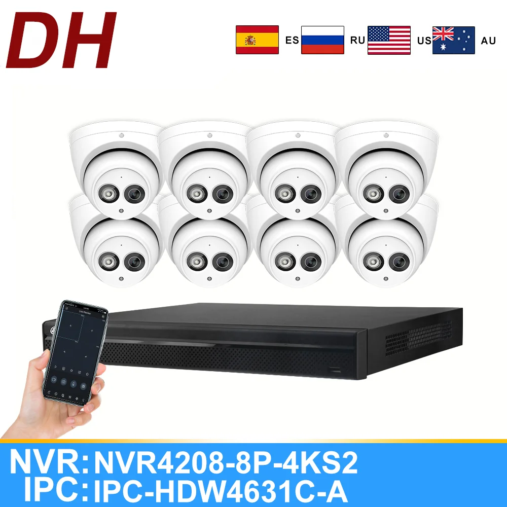 Набор Dahua 6MP CCTV Kit IP Camera IPC-HDW4631C-A 8CH 4K NVR4208-8P-4KS2 P2P APP встроенная фотокамера