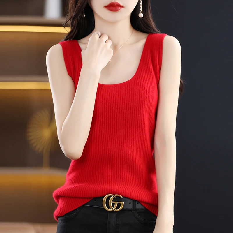 Elegant Temperament Round Neck Draw Strip 100 Pure Wool Camisole Women's New Sexy Inner Sleeveless Short Bottoming Shirt Tide 22