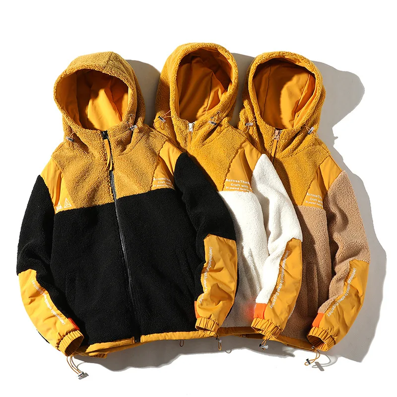 Color-blocked Stitching Imitation Lamb Wool Jackets Men Autumn and Winter Ins Trend Embroidered Hooded Warm Jacket Parka Hombre
