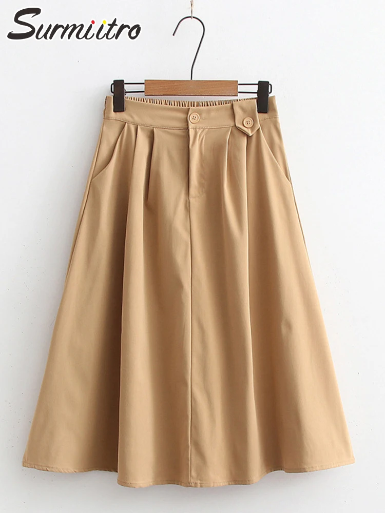 

SURMIITRO 2022 летняя корейская мода хлопок желтая длинная юбка миди Женская высокая эластичная талия трапециевидная юбка женская с карманами
