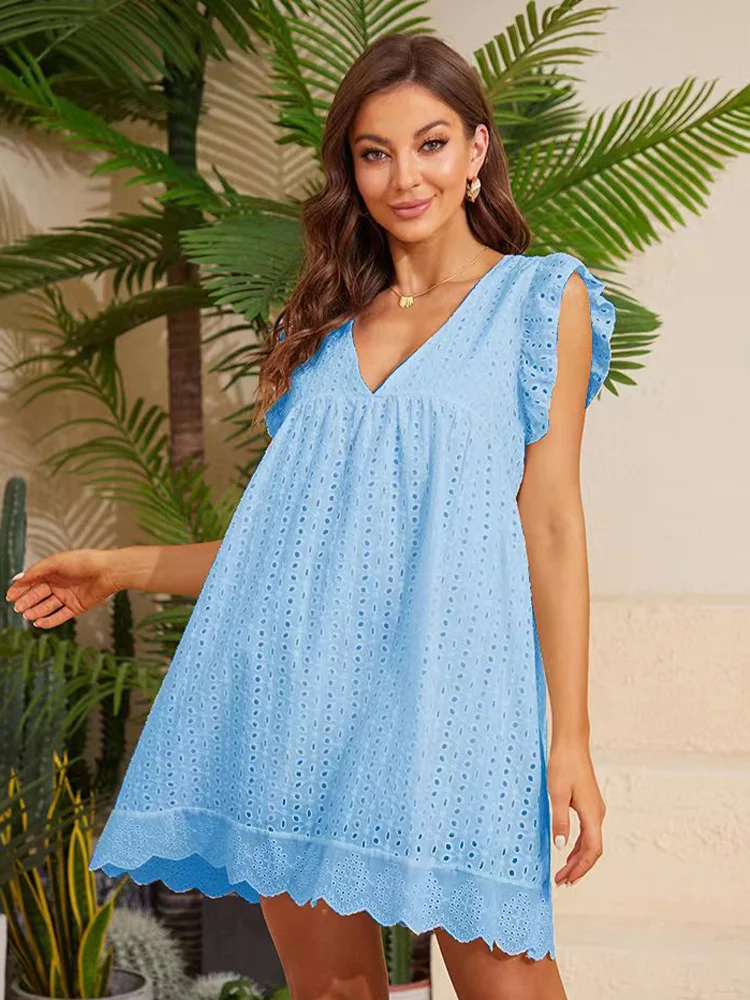 

Dress 2022 Summer Short Sleeve Cutout Lace Dress (Non Stuck) Pocket Shorts Sweet Cutout Piece V-neck High Waist Party Dress