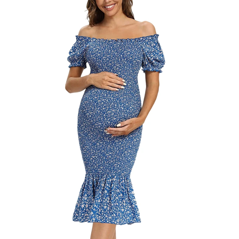 

Summer Floral Print Maternity Dress For Pregnant Women Pleated Hem Dresses Slim Long Pregnancy Casual Clothes New Woman Clothing