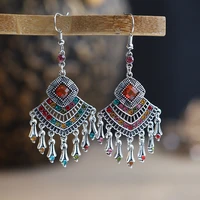 vintage ethnic drop earrings for women antique silver color long hollow geometric rhinestone tassel earrings boho jewelry gift