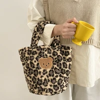 cute womens plush purse handbags little bear leopard pattern female small bucket shoulder bags girls student tote shopper bag