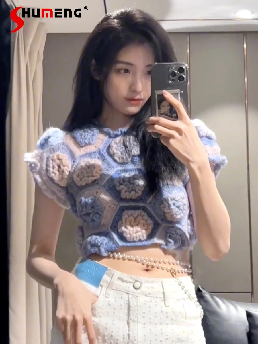 

2022 Summer New Heavy Industry Crocheted Flower Short Sleeve Knitted T-shirt Women's Anti-Aging Fashion Navel Pullover Short Top