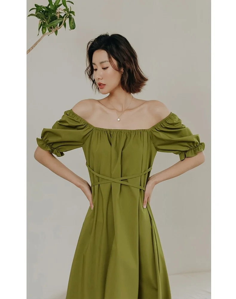 Green Tea Break French Slim Dress High Grade Square Neck Skirt Waist Wrapped Women's Summer Chiffon Long Dress