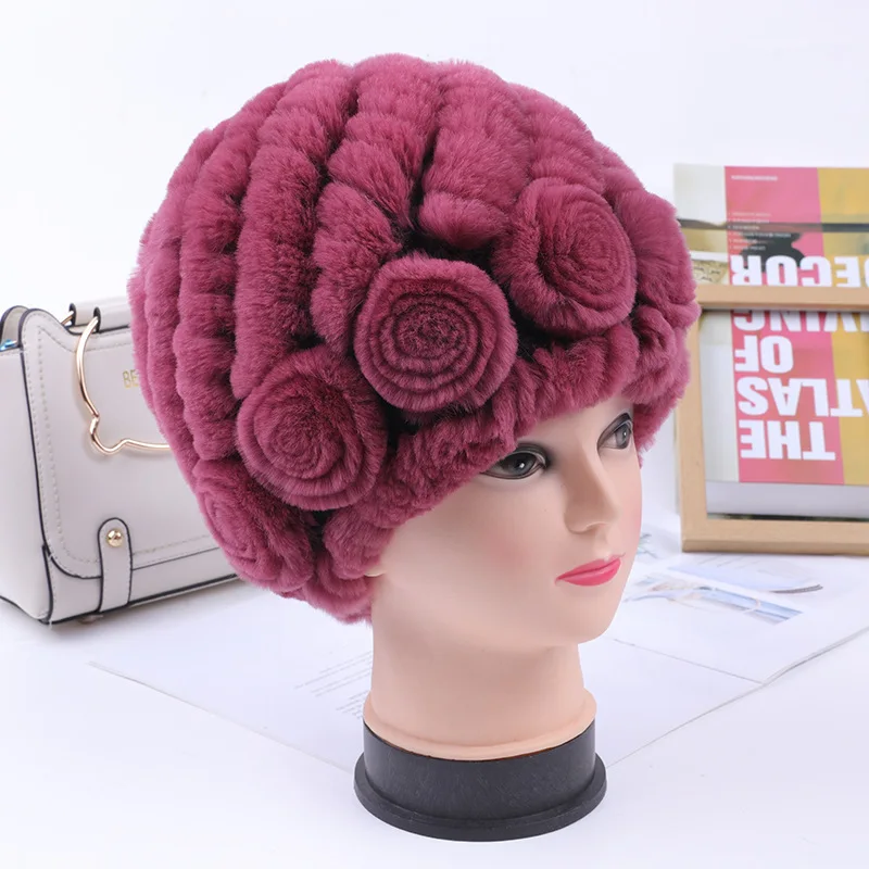 

Rex rabbit fur hat women's wool knitted hat pineapple plus flower hat fur hat