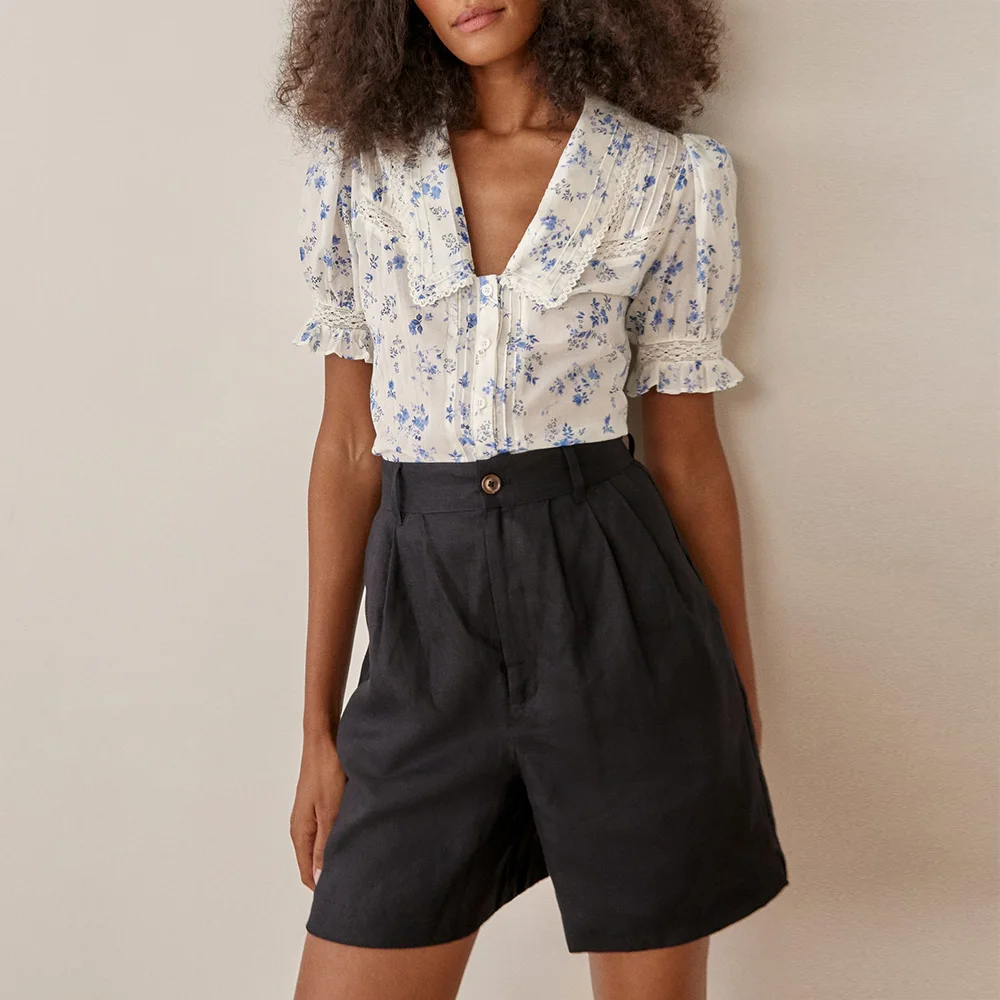 

Tops Women 2022 Fashion Lapel V Neck Lace Trim Elegant Vintage Floral Print Shirt Short Puff Sleeve Button Up Summer Blouses Top