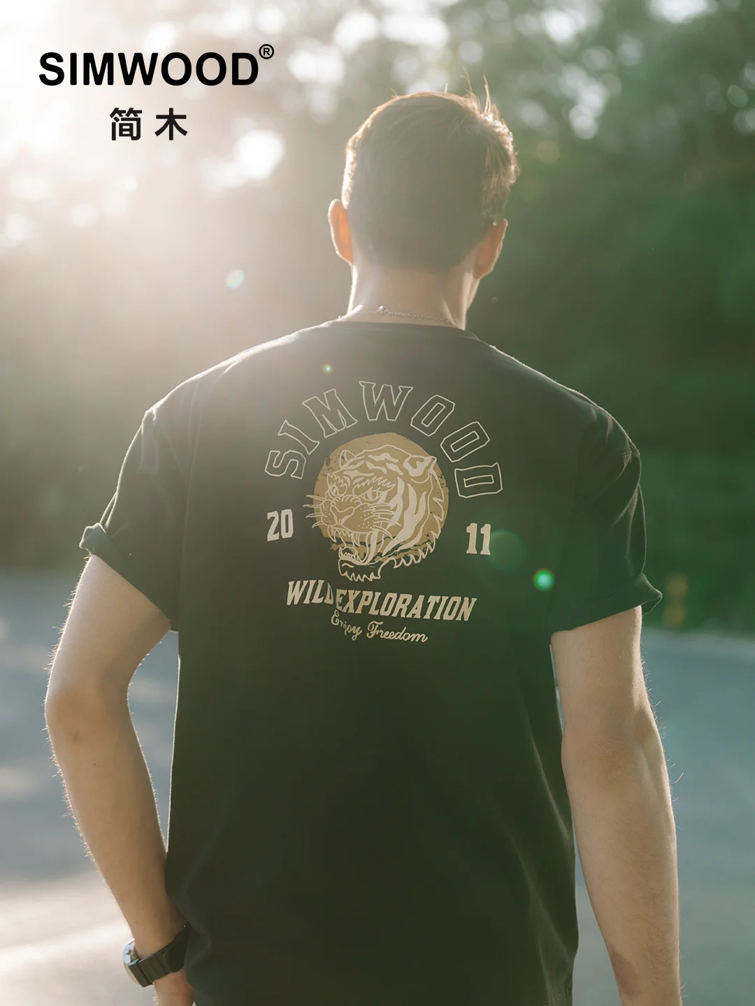 

SIMWOOD 2023 Summer New Oversize T-shirts Men Back Tiger Print Plus Size 100% Cotton Tops Comfortable Tees SM120014