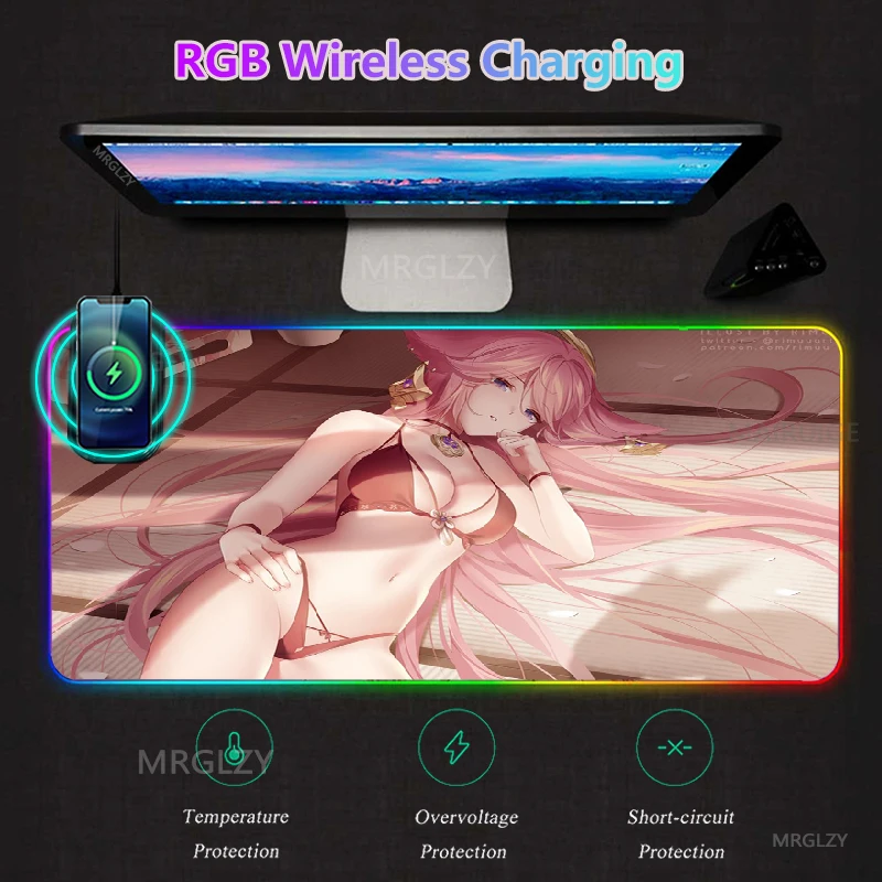 

Игровой коврик для мыши Genshin Impact RGB со светодиодсветодиодный подсветкой, беспроводное зарядное устройство, коврик для игровой мыши Yae Miko с ин...