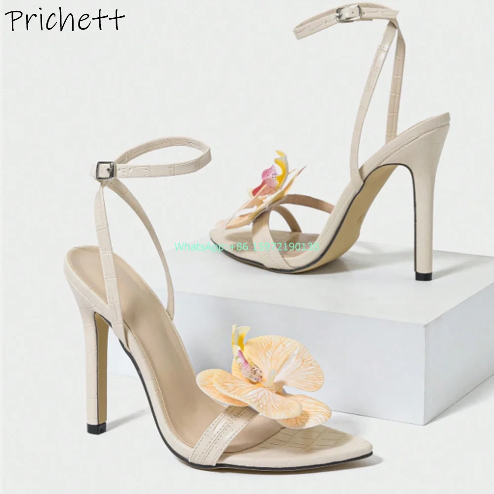 Туфли женские на шпильке элегантные кремовые босоножки с орхидеями заостренный