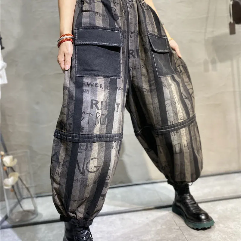 

Autumn Winter Arts Style Women Elastic Waist Loose Vintage Stripe Jeans Double Pocket Cotton Denim Harem Pants Plus Size V696