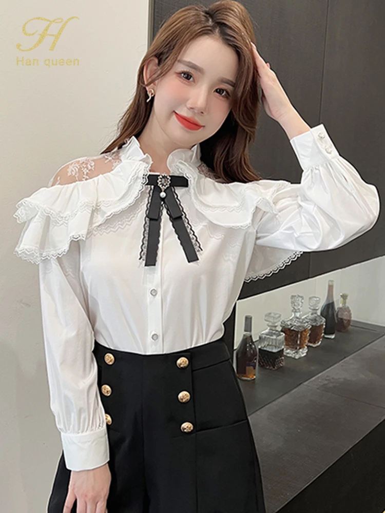 

Корейские женские топы H Han Queen, весенне-осенние блузки с бантом, Элегантная модная офисная рубашка, кружевная блузка с длинным рукавом и вставками, простая