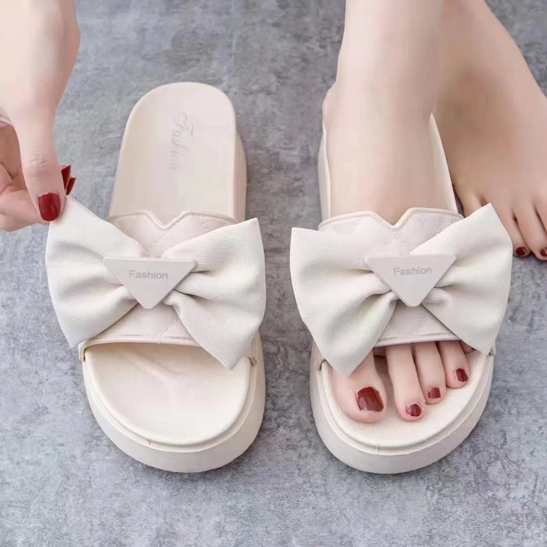 2023 Summer Slippers Bow Fashion Open Toe Solid Color Women's Sandals Metal Chain Outdoor Casual Women's Shoes  Fashion Shoes