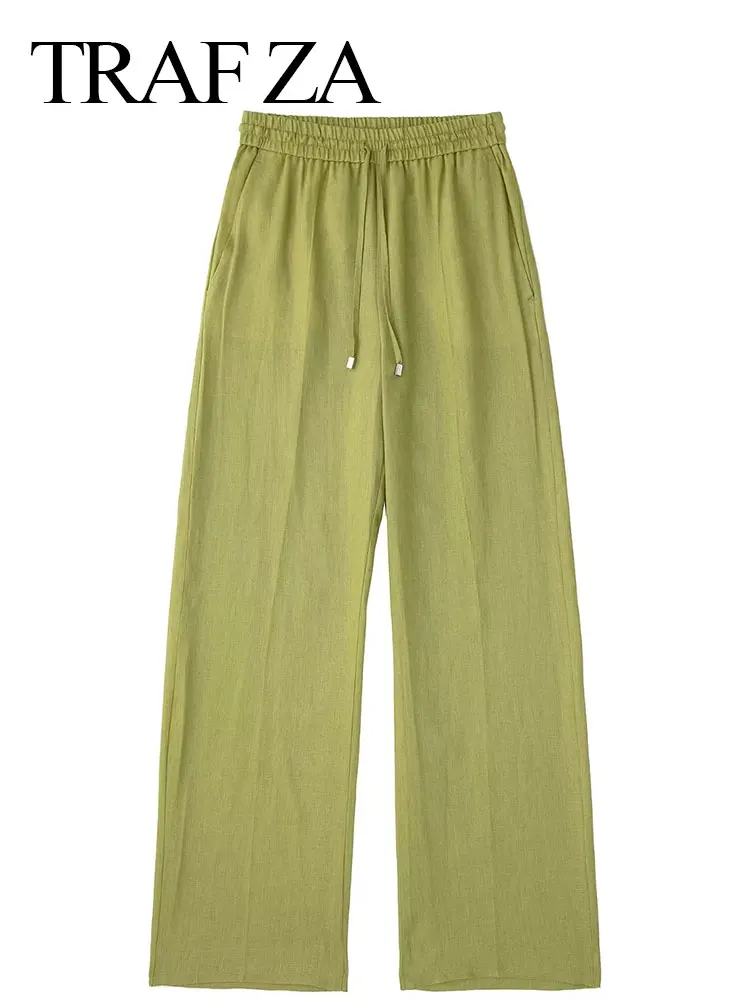 

TRAF ZA Fashion Linen Pants Women's Casual Loose Trousers Elastic Waist Drawstring Solid Vintage Straight Pant Female Streetwear