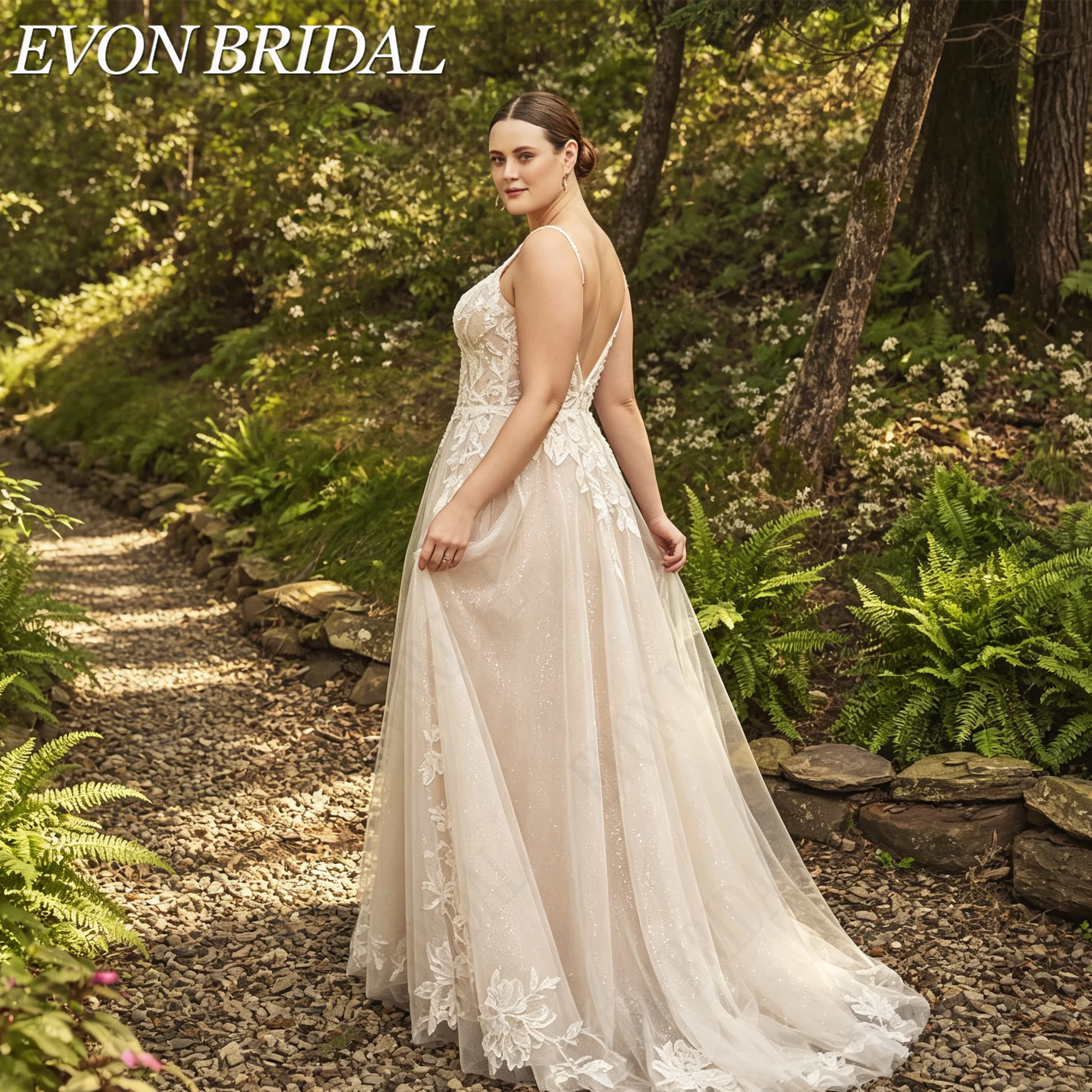 Фото EVON BRIDAL Свадебное платье на тонких бретелях с аппликациями для пышных женщин глубокое V вырез А-силуэт высокий разрез свадебное платье заказ элегантное подвенечное платье для невесты ручная вышивка индивидуальный №3