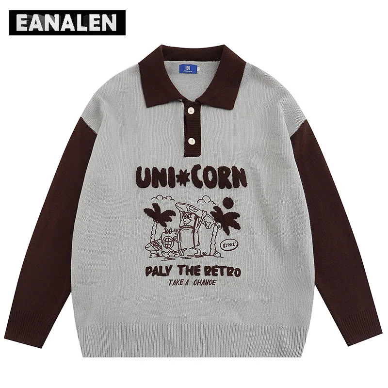 

Свитер в стиле Харадзюку С мультяшным отворотом мужской зимний винтажный Свитер оверсайз в Корейском стиле милый вязаный пуловер дедушка уродливый свитер Женский Повседневный