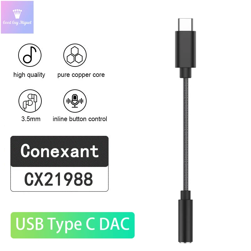 

Аудиоадаптер Type-C-3,5 мм с чипом DAC Conexant CX21988 для смартфонов и ноутбуков 24 бит 96 кГц