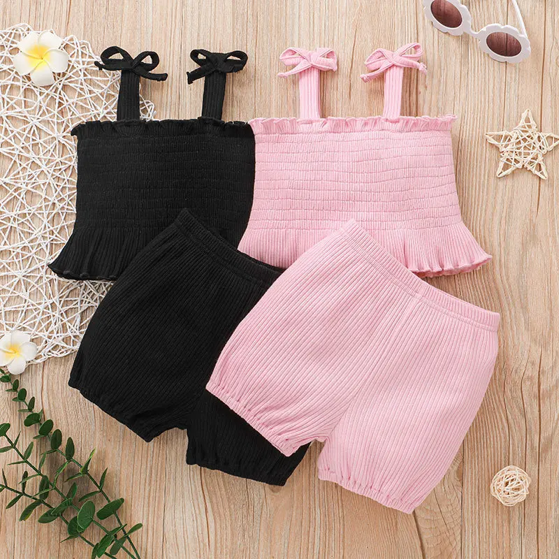 

Детская одежда, Новинка лета 2022, топ на бретельках для девочек, полосатые шорты с бантом, костюм для девочек из двух предметов, Одежда для мла...