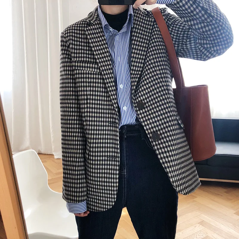 Women Vintage Black White Plaid Blazers Imitation Wood Button Big Pocket Suits 2023 Woman Spring Autumn Office Lady Work Blazer