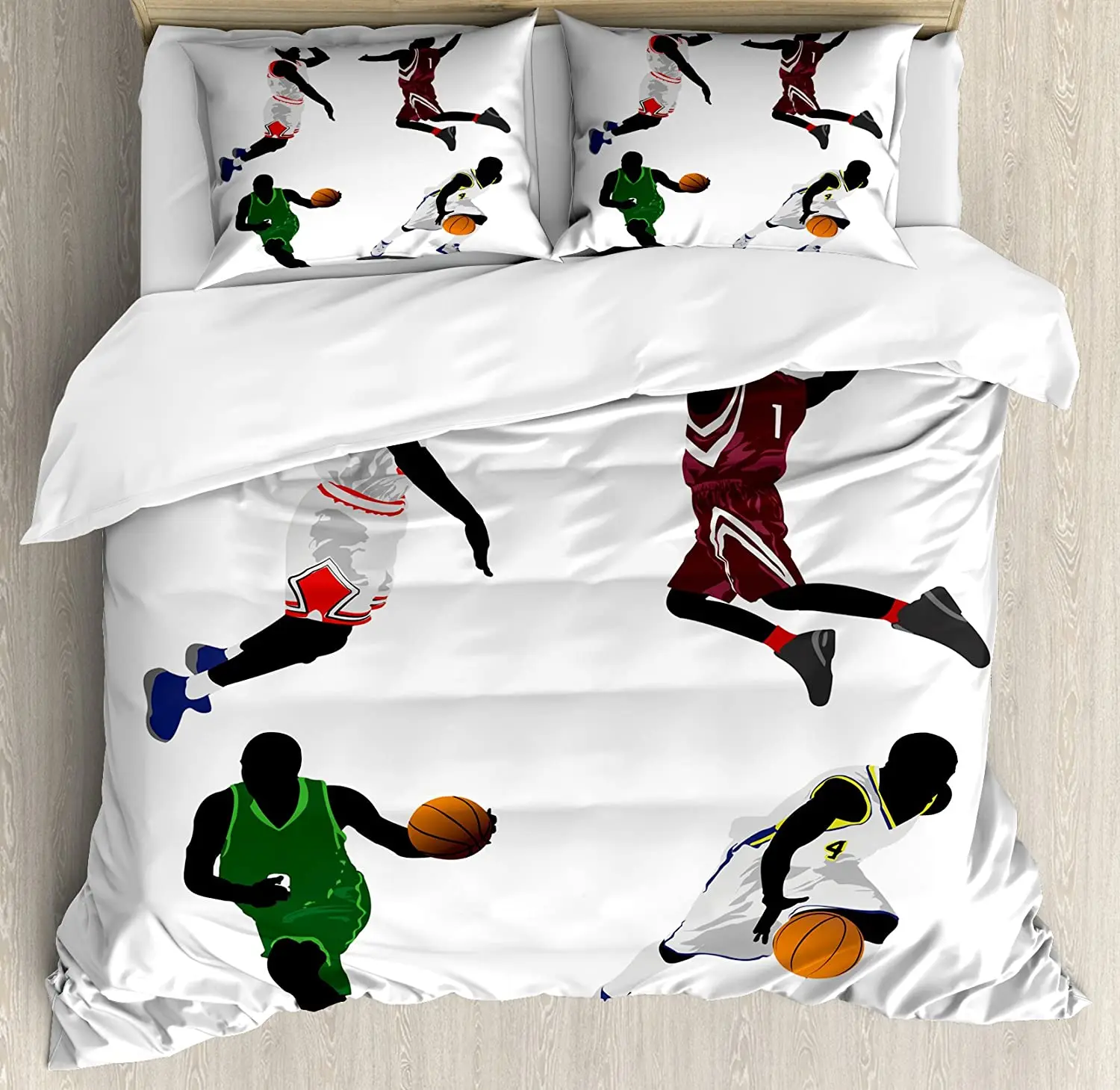 

Sports Bedding Set For Home Bed Basketball Players Dribbling Dunking Floater Vibrant Colored Uniforms Sportsmanship Duvet Cover