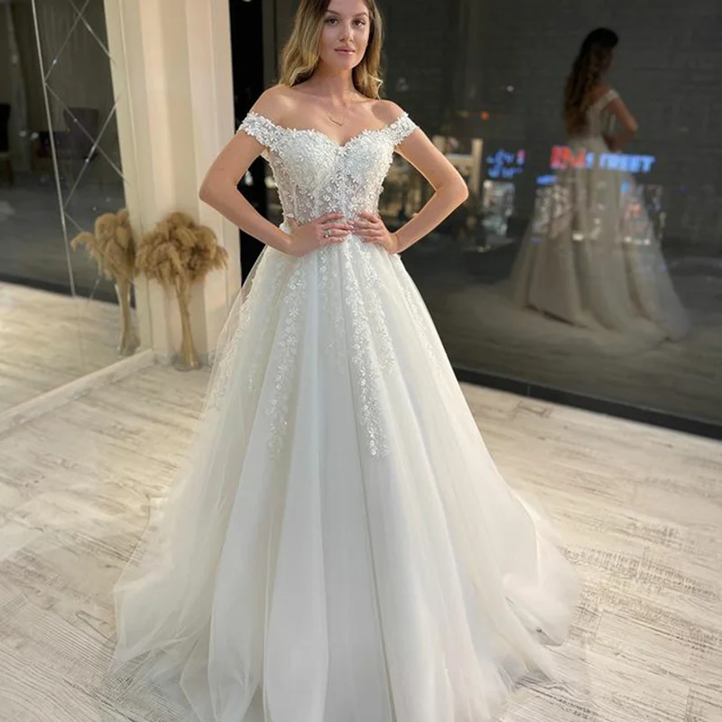 

GUXQD Sweetheart Wedding Dresses Off The Shoulder Illusion Corset Robe De Mariage Lace Appliques Princess Long Bridal Dress