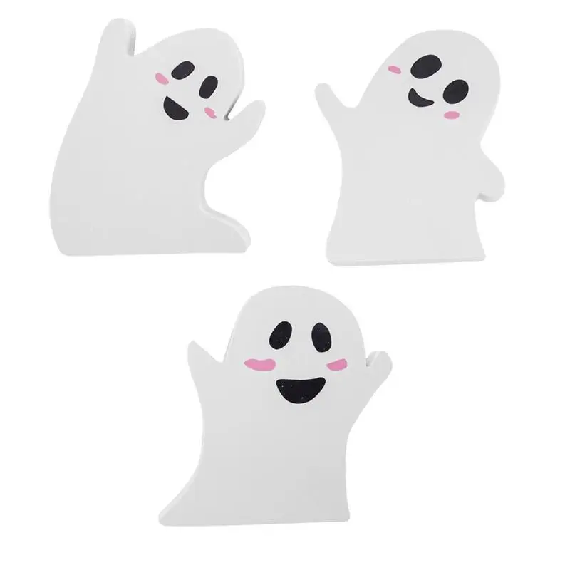 

3Pcs White Ghost Ornament For Halloween Party Wood Table Signs Halloween Home Decoration Cute Table Decorations