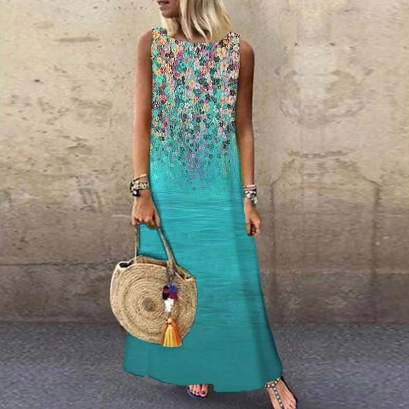 

Vintage Floral Printed Dress Women Sleeveless Summer Loose Casual Beach Long Dresses Ladies Bohemian Maxi Party Vestidos