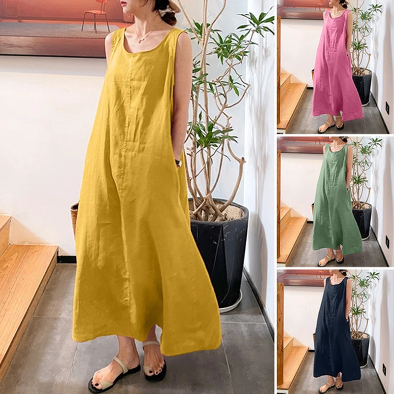 Loose Dress Cotton Linen Pocket Round Neck Sleeveless Dress Women Summer Vintage Vestido Feminino Long