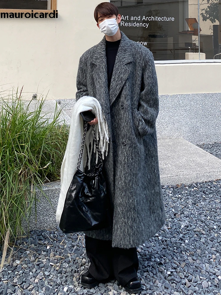 

Мужское длинное пальто из мягкой шерсти, серое утепленное пальто большого размера, корейская мода, Осень-зима 2023