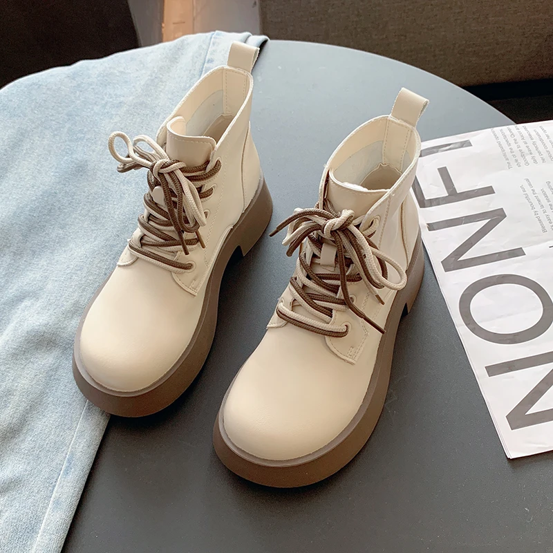 

2023 Women's Autumn Boots Round toe lace up Women's Ankle Boots Genuine Leather Boots Woman Anti-slip Female Flat Shoes Winter