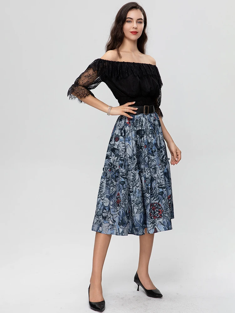 

MoaaYina Fashion Designer Summer Women's Slash Neck Lace Short Sleeve Flower Printing Lace-up Office Lady Two Pieces Set