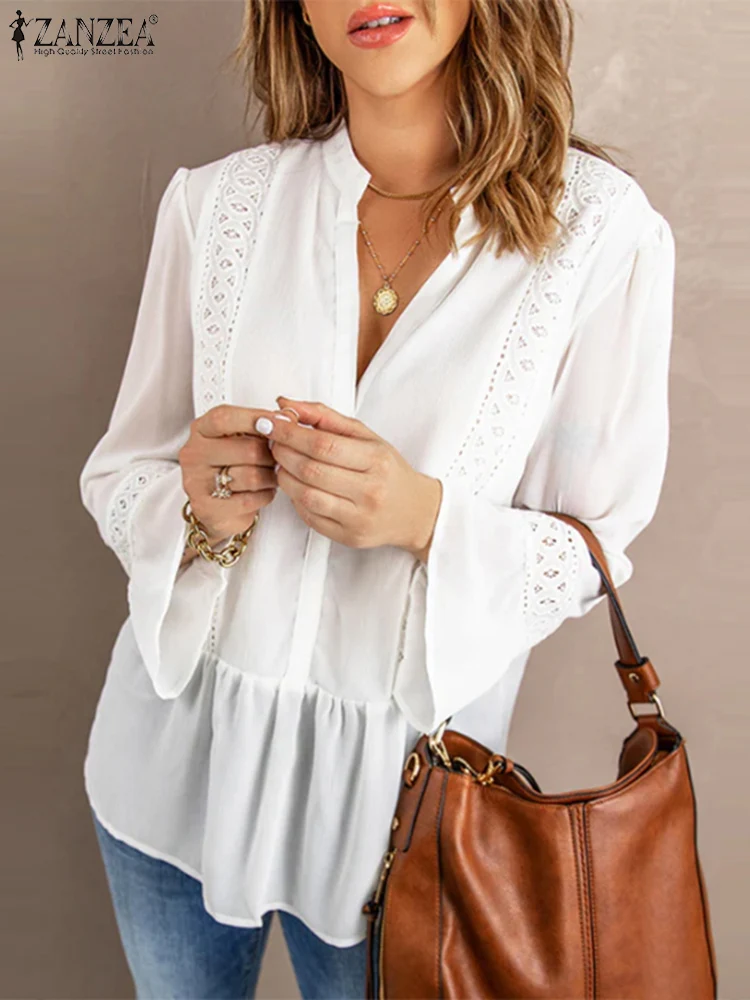

ZANZEA Women Long Sleeve Blouse Lace Crochet Female V Neck Work Shirt Causal Office Blusas Solid Loose Tunic Tops Ruffles Hem